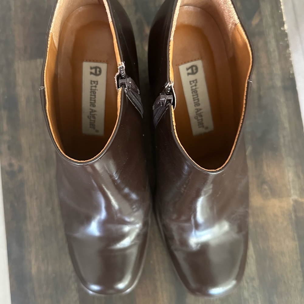Chocolate Brown Leather Block Heel Vintage Ankle Booties - Picture 8 of 10